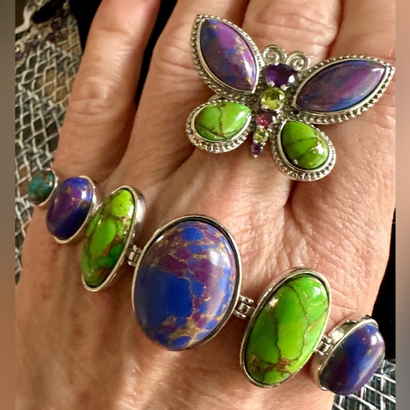 Mojave Turquoise Purple/Green/Blue Bracelet & Matching Butterfly Ring (Sz 7) NWT - Picture 3 of 16